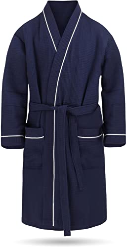 Herren Morgenmantel aus 100% Baumwolle - Waffelbademantel - dünner Kimono für Männer (Gr. S - 6XL) Farbe Navy Größe S