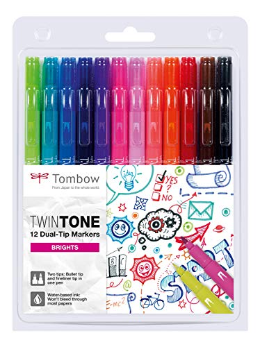 Tombow WS-PK-12P-1 Twintone Marker Set 12-Pack, Dual-Tip, Bright, bunt