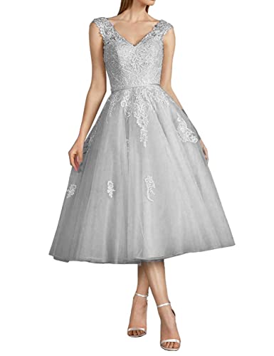 CLLA dress Damen Tüll Brautkleider Spitzen Applikationen Ballkleid Teelänge für die Braut V-Ausschnitt Abendkleider(Silber,46)