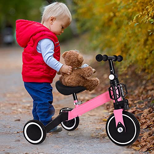 2 in 1 Kinder Dreirad & Laufrad & Balance Bike mit verstellbarem Sitz und Lenker, Kinder Tricycle mit abnehmbaren Pedalen, für Kinder von 1-3 Jahre alt-2 in 1 (rosa)