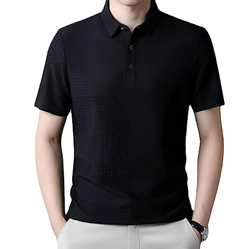 Kurzarm-T-Shirt aus Mesh-Eisseide, Polo-T-Shirt aus Eisseide für Herren, Sommerkühlung, kurzärmlig, lässiges, bequemes Kurzarmhemd für Erwachsene (Schwarz,3XL)