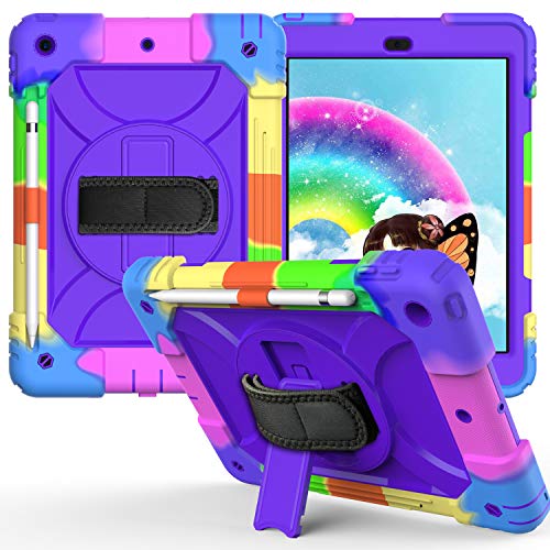 Simicoo iPad 8 Generation Hülle iPad 7 8 10.2 Hülle für Kinder Drehbare Vollabdeckung Dual Layer Silikon Robuste Abdeckung mit Ständer Stifthalter Schultergurt iPad Cover für iPad 7 8 10.2