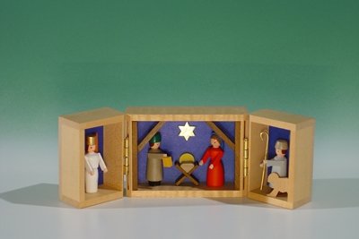Rudolphs Schatzkiste Miniatur im Klappkästchen Krippenschrein in Miniatur Höhe ca 4,5 cm NEU Weihnachtsfiguren Holzfiguren Seiffen Erzgebirge
