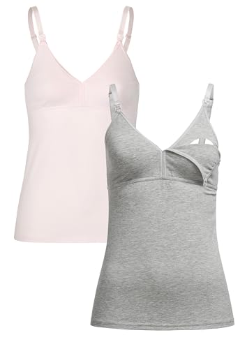 Herzmutter Stilltop-Stillshirt-Unterhemd für Damen - einfache Stillfunktion - integriertes Bustier-BH mit Clip-Verschlüssen - hochwertiger Baumwoll-Mix - 1er & 2er-Set - 5420 (L, Rosa/Grau)