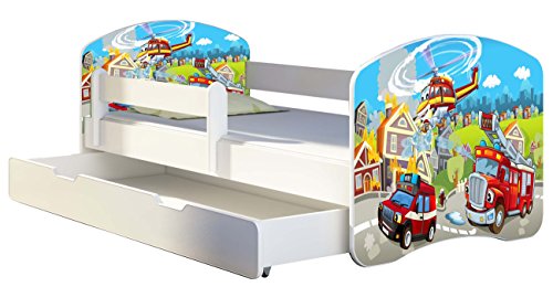Kinderbett Jugendbett mit einer Schublade und Matratze Weiß ACMA II 140 160 180 40 Design (140x70 cm + Bettkasten, 36 Feuerwehr)