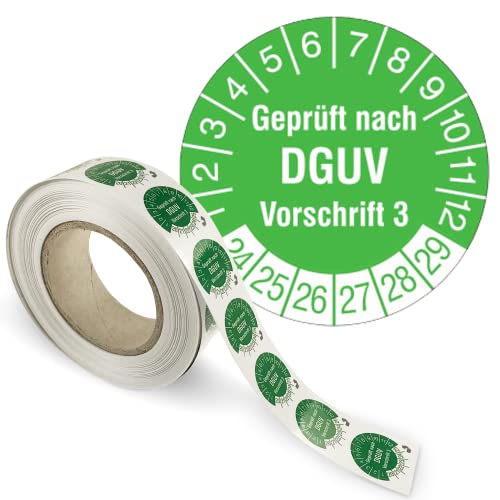 Prüfplakette „Geprüft nach DGUV Vorschrift“ - 2024-2029 - PVC-Folie, selbstklebend Ø 3,0 cm - grün/weiß - Rolle mit 1000 Stück- Mehrjahresprüfplakette - Betriebsausstattung24®