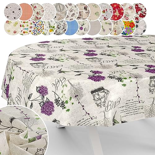 Tischdecke aus Stoff Textil abwaschbar Tischwäsche Tischtuch Baumwolle Polyester Hydrangea Purple Oval 180x140cm In-/Outdoor Tischdecke