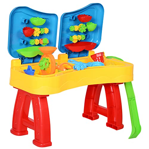 HOMCOM Kinder Sandspielzeug, Sandkastentisch mit 16-tlg. Zubehör, Spieltisch, Strandspielzeug, ab 3 Jahren, PP, 73 x 35 x 70 cm