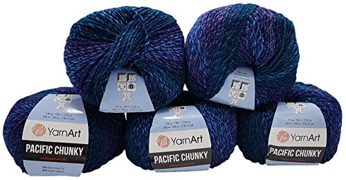YarnArt Pacific Chunky 5 x 100 Gramm Strickwolle Mehrfarbig mit Farbverlauf, 500 Gramm Strickgarn mit 20% Wolle-Anteil (blau, lila 304)
