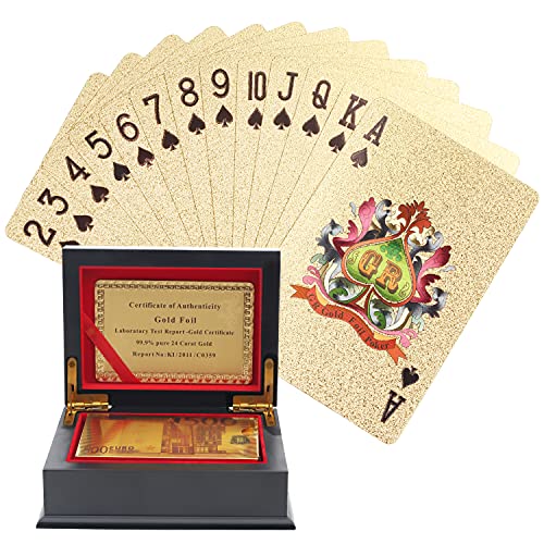 Kurtzy Goldene Poker Karten - Spielkarten Wasserfest Kartendeck aus Goldfolie für Magie, Poker Spiel & Familienspiele - Professionelle Goldene Spiel Karten mit 500 Euro Design & Display-Geschenkbox