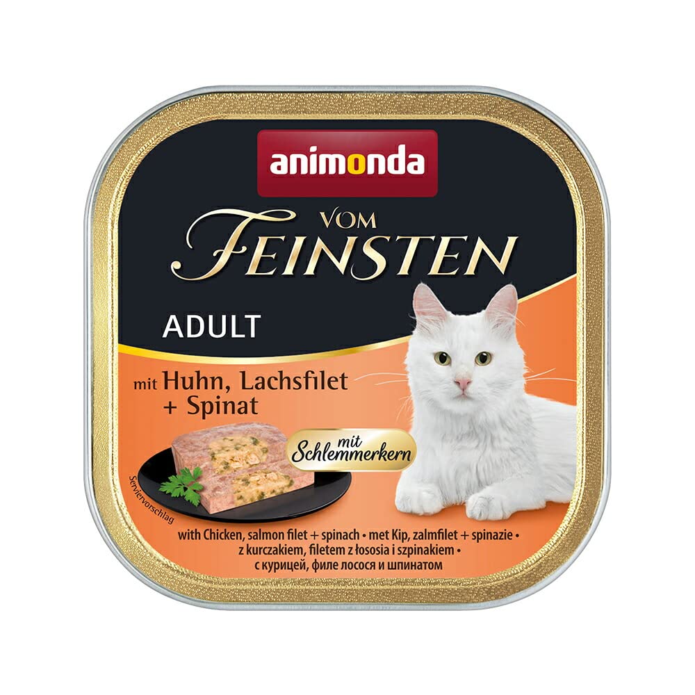 Animonda Vom Feinsten Adult Katzenfutter, Nassfutter für ausgewachsene Katzen, Schlemmerkern mit Huhn, Lachsfilet + Spinat, 32 x 100 g