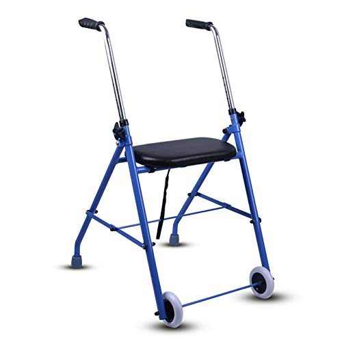 Walkers Gehhilfen Blauer zusammenklappbarer aufrechter Gehhilfe für Senioren, Erwachsene und große Frauen – verstellbares Aluminium mit 2 großen Rädern, breitem Sitz und weicher Armlehne