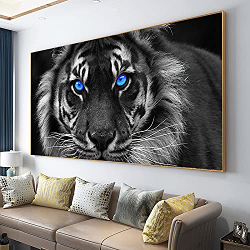 PYROJEWEL Blaue Augen Tiger Wandkunst Leinwand Gemälde Schwarz Weiß Tiger Leinwand Poster Drucke Tiere Kunst für Wohnzimmer Wohnkultur 60x120cm Rahmenlos