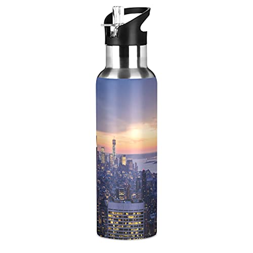 New York Building Sport-Wasserflasche mit Strohhalm, vakuumisoliert, Edelstahl, Thermo-Trinkflasche für Erwachsene, Damen, Herren, Kinder, Mädchen, Jungen, Schule, Laufen, 600 ml