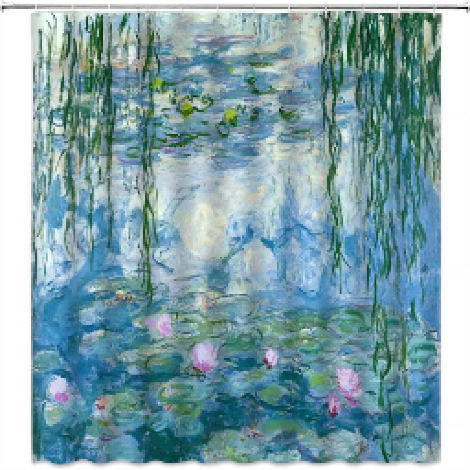 Rumlly Retro Monet Seerosen-Duschvorhang, wasserdicht, Blumen, Badvorhänge, Badezimmer-Zubehör-Sets mit Haken, Heimdekoration, 170 x 170 cm