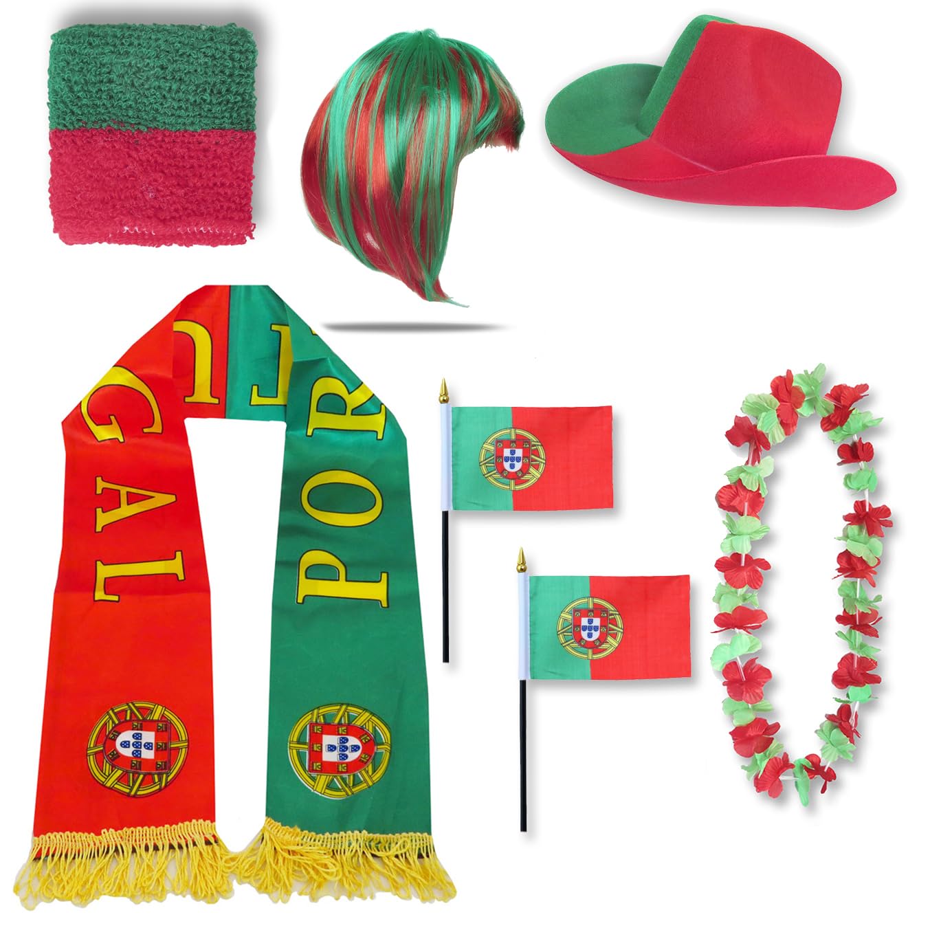 Sonia Originelli Fanset Fanartikel Fanhut Blumenkette Fanschal Schweißband Fähnchen Perücke WM EM Farbe: Portugal Bob
