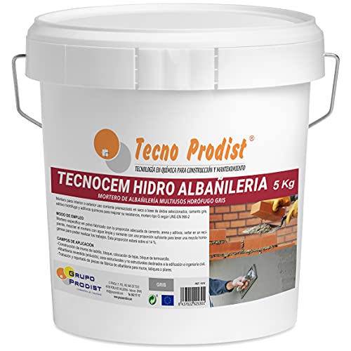 Tecno Prodist Hydro-Stößel (5 kg), Zementmörtel für Mauerwerk- und Bauarbeiten, wasserabweisend, ideal für Putz, Reinigung und Verlegung von Ziegeln, Farbe: Grau