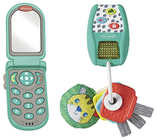 INFANTINO 315123-00 Mini-me Geschenkset – Mit Flip & Peek Spielzeugtelefon und Music & Lights Schlüsselanhänger – Einfach zu greifen, BPA-frei, mehrfarbig