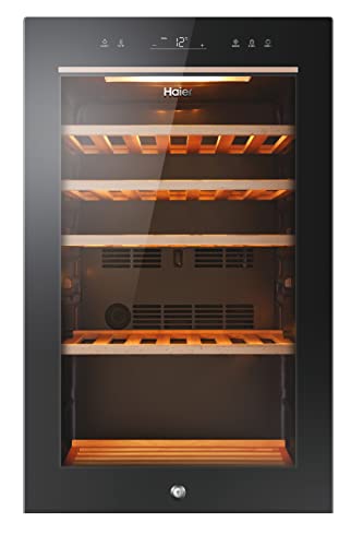 Haier Wine Bank 50 Series 5 Weinkühler, 49 Flaschen, LED-Lichter und UV-Glas, Ablagen aus Holz, 37 dBa, freistehend, 47 x 58 x 82 cm, Schwarz