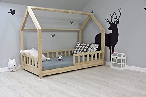 Best For Kids Kinderbett Kinderhaus mit Rausfallschutz Jugendbett Natur Haus Holz Bett mit oder ohne 10 cm Matratze in 8 Größen (90x200 cm ohne Matratze)