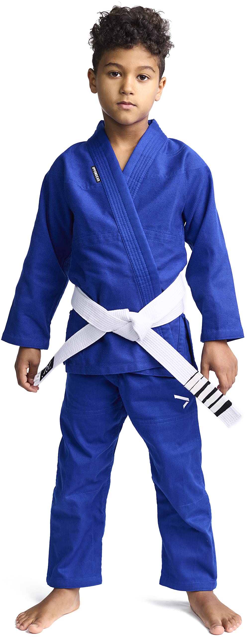 IPPONGEAR Brazilian Jiu Jitsu Kinder/Einsteiger Anzug inkl weißem Gürtel [M3 I Pearl-Weave Material I 350gr/m² Stoffdichte I Reißfest] blau