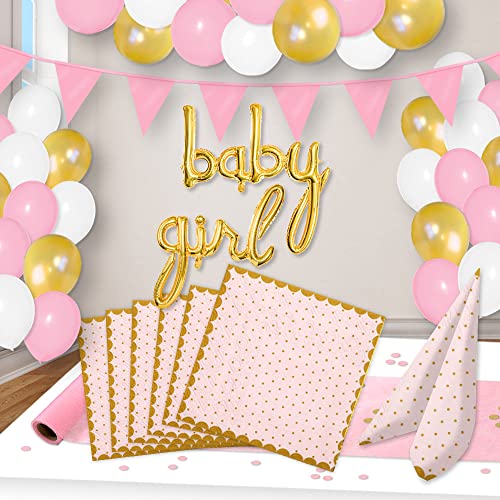 Babyparty Deko Set für Mädchen mit Tischdeko u. Raumdekoration für bis zu 16 Personen mit 3 verschiedenfarbigen Luftballons, Baby Schriftzug, Wimpelkette, Tischläufer und mehr (Rosa-Gold Gepunktet)