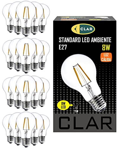 CLAR - E27 LED Vintage, E27 LED Warmweiss, LED Glühbirne E27, LED E27 Warmweiss, LED Birne E27, Leuchtmittel E27, LED Glühbirne, LED E27 60W-80W, 8W (Pack 20)