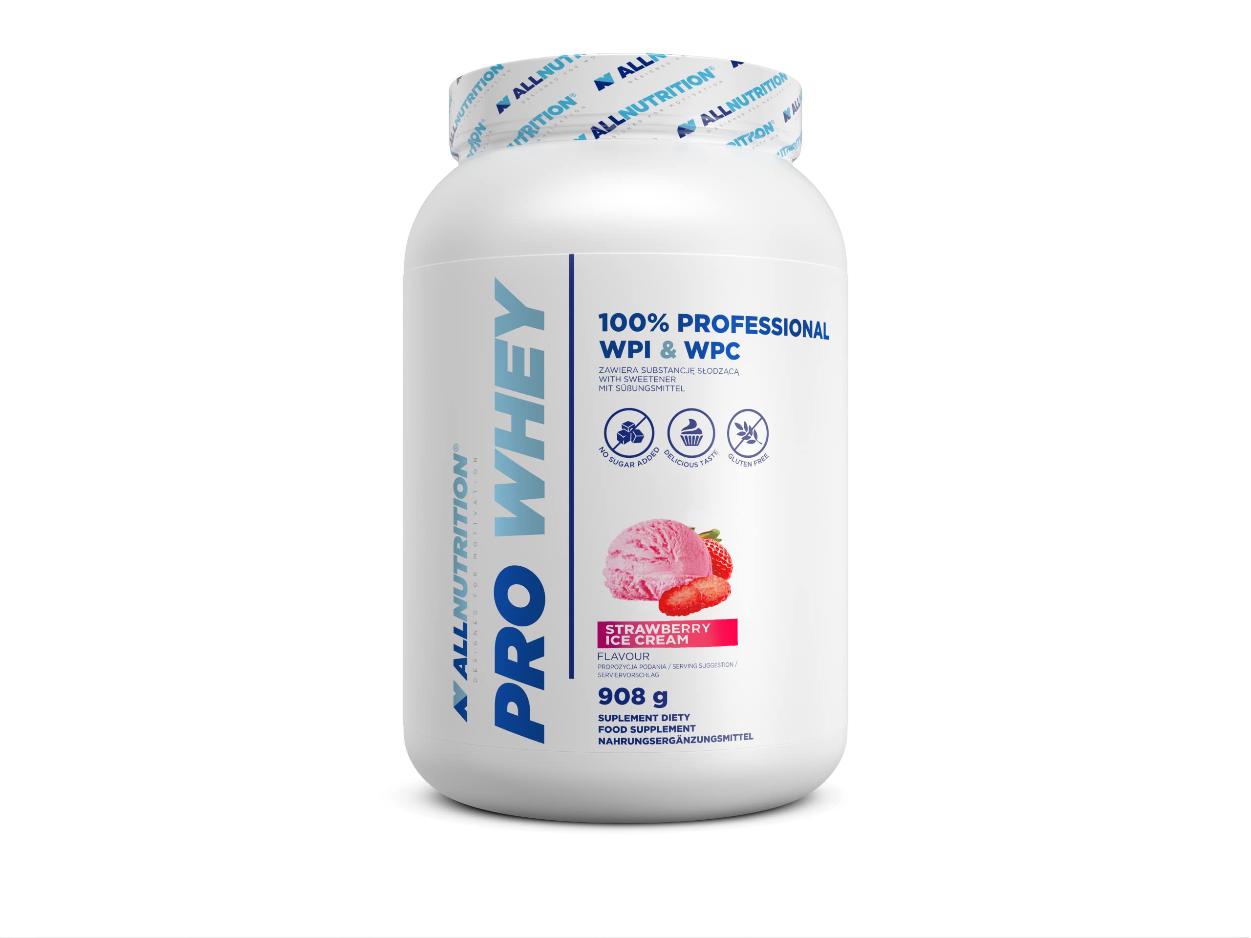 ALLNUTRITION Pro Whey Protein Powder mit Verzweigten Aminosäuren - Molkenprotein-Konzentrat & Molkenprotein-Isolat - Pre-Workout-Pulver - Kalorienarmes Proteinpulver - 908g - Erdbeer-Eiscreme