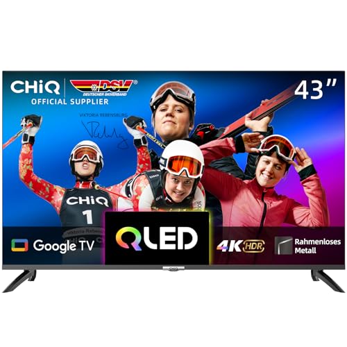 CHIQ 43-Zoll 4K QLED Smart TV, UHD breiter Farbraum mit HDR, Fernbedienung mit Sprachsteuerung，Chromecast eingebaut, Multi-Bildschirme-Teilen, Dolby Vision, DBX-TV, Bluetooth 5.0, Kompatibilität