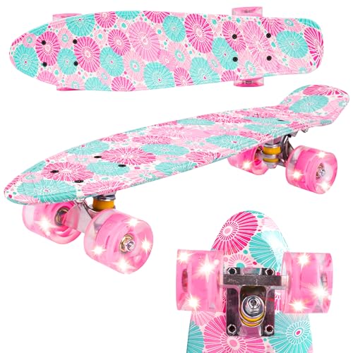 Malplay Mini Skateboard mit Leuchtende RGB LED-Räder | 22" Cruiser Board für Kinder und Jugendliche | Kinderskateboards | Gute Wahl für Anfänger | ab 6 Jahre | 56cm | Blumen