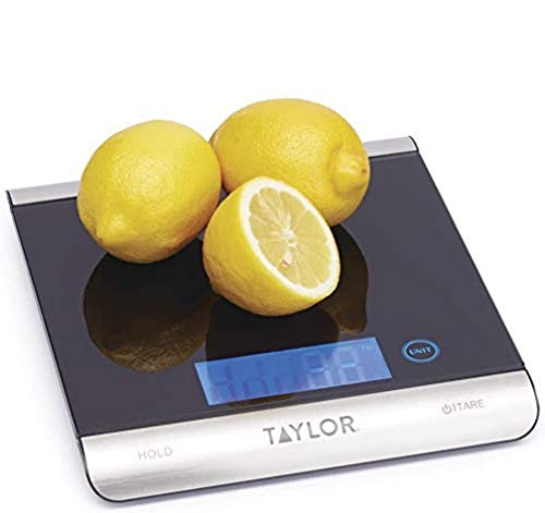 Taylor Pro, Digitale Küchenwaage für Lebensmittel mit Ultrahoher Kapazität, Professioneller Standard, mit Hoher Präzision und Genauigkeit sowie Tara-Funktion, Schwarzglas, Wiegekapazität 15 kg