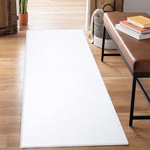 carpet city Hochflor Teppich-Läufer Einfarbig - Weiß - 80x300 cm - Shaggy Langflor Uni Schlafzimmer Flur - Weich&Flauschig - Modern