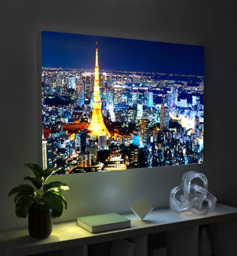 MyMaxxi - Pixlip Poster Tokyo Tower Wandbild Design Wand Dekoration, Foto Mehrfarbig Leuchtrahmen - Stadtansicht, 120x84 cm, Rahmen: Leuchtrahmen inkl. Druck
