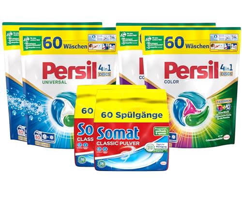 Persil 2x Universal & 2x Color 4in1 DISCS 240 Waschladungen (4x 60WL) & SOMAT 2x Classic Pulver 120 Spülgänge, Vollwaschmittel & Color Waschmittel Tiefenrein & Spülmaschinenreiniger Großpackung