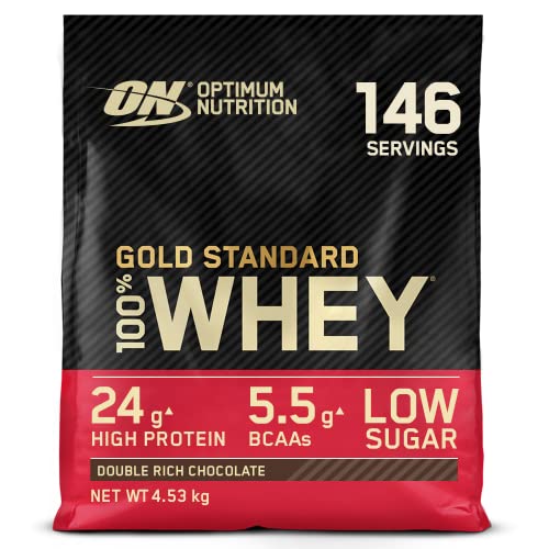 Optimum Nutrition ON Gold Standard Whey Protein Pulver, Eiweißpulver zum Muskelaufbau, natürlich enthaltene BCAA und Glutamin, Double Rich Chocolate, 146 Portionen, 4.53kg, Verpackung kann Variieren
