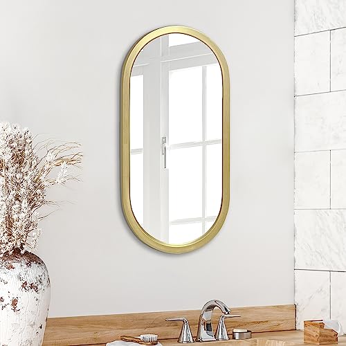 Americanflat Spiegel Oval [30,5 x 61 cm] Goldener Spiegel Groß Mit Plastikrahmen Für Badezimmer - Wohnzimmer Oder Schlafzimmer - Goldener Wandspiegel Mit Abgerundetem Rahmen