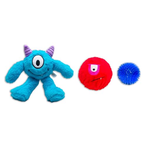 Flourish Pets 3-in-1-Kauspielzeug für aggressive Kauer, ungiftig, BPA-frei, doppelt genäht, weiches Außenmaterial, langlebiges Plüschspielzeug, groß, blaues Monster