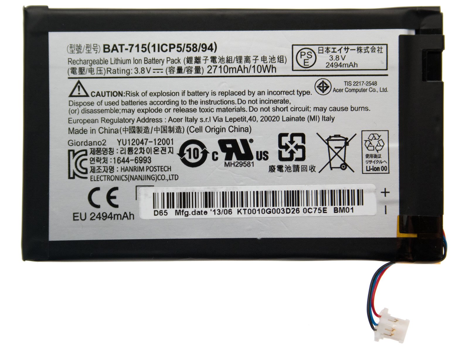 Acer Akku/Batterie 2710mAh Iconia B1-710 Serie (Original)