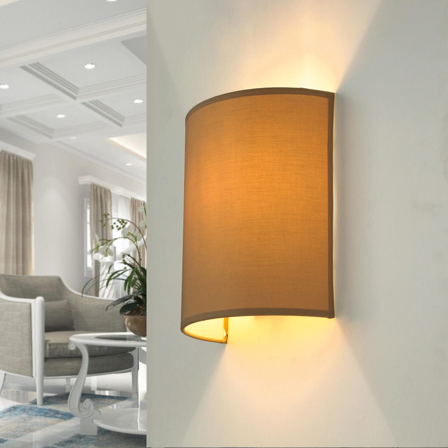 Elegante Wandleuchte in braun inkl. 1x 10,5W E27 LED Wandlampe aus Stoff für Wohnzimmer Schlafzimmer Lampe Leuchten Beleuchtung