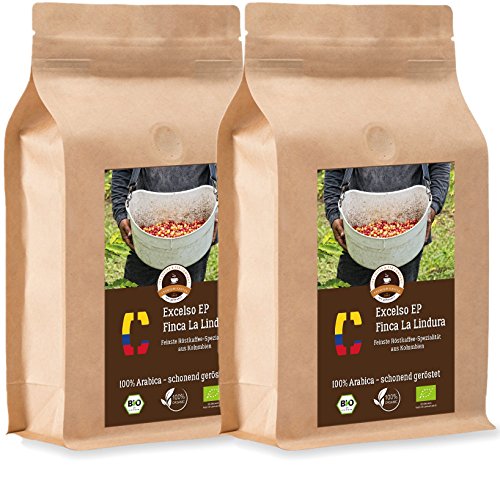 Kaffee Globetrotter - Colombia Excelso EP Finca la Lindura - Bio - 2 x 1000 g Ganze Bohne - für Kaffee-Vollautomat, Kaffeemühle - Röstkaffee aus biologischem Anbau | Nachfüllpack Sparpack