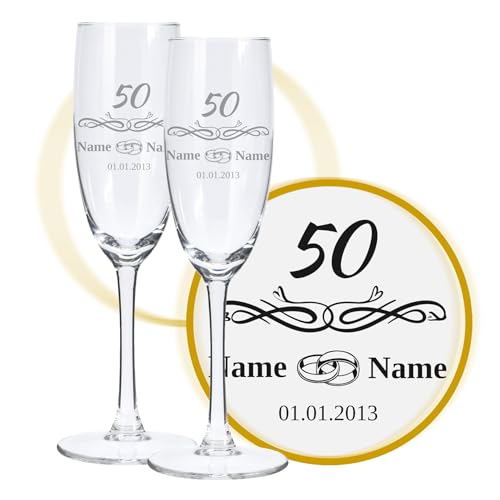 LALALO Sektglas mit Gravur 50. Hochzeitstag (2 St.), Goldenen Hochzeit Sektgläser Geschenk personalisiert/graviert, Jahrestag (Ringliebe)
