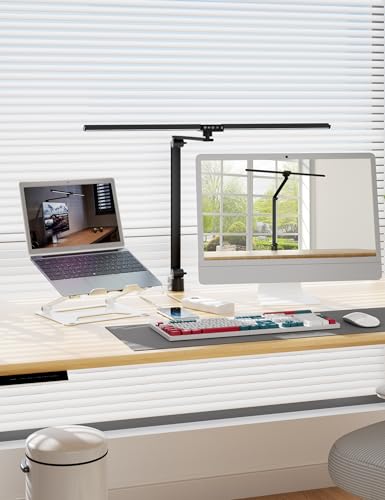ROTOPATA Schreibtischlampe LED Dimmbar mit Klemme & 2 Ladeanschlüssen, LED Tischlampe 7 Farben & 5 Helligkeiten, LED Lampe mit Timing & Speicher, Tageslichtlampe für Monitor Architektenl
