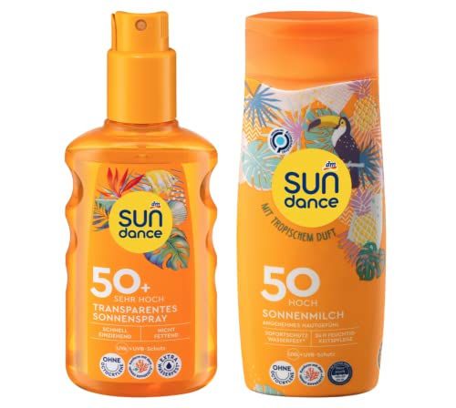 SUNDANCE 2er-Set Sonnenschutz: SONNENSPRAY TRANSPARENT LSF 50+, UVA+UVB-Schutz ohne Octocrylene (200ml) + SONNENMILCH LSF 50, mit tropischem Duft & Vitamin E gegen Hautalterung (200 ml), 400 ml