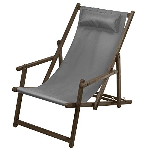 Green Blue GB283 Premium Liegestuhl mit Kopfkissen und Armlehnen Sonnenliege Klappbar aus Buchholz Gartenliege Liege (Grau)