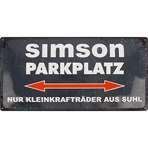 Simson Blechschild 25x50 cm, grau/weiß, Motiv SIMSON-Parkplatz, leicht gewölbt für 3D-Optik, Stahlblech, vorgebohrte Löcher, original MZA-Fan Artikel