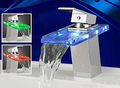 RGB LED Glas Wasserfall Armatur Waschbecken Silber Licht Wasserhahn Waschtisch Bad Mischbatterie Mit Farbwechsel Einhebelmischer Badarmatur