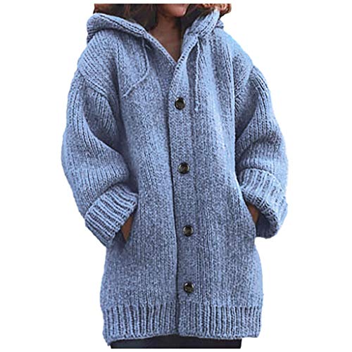 MMOOVV Plus Size Damen Warmer Wintermantel Beiläufige Lose Taste Strickjacke Hoodie Strickpullover Lange Pullover Winterjacke Mantel (Blau 5XL)