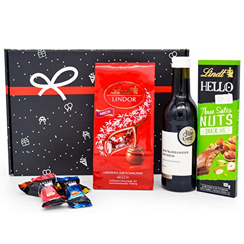 Geschenkset "Wein & Schokolade“ | Geschenkkorb mit Rotwein & Lindt Pralinen | Präsentkorb gefüllt für Frauen & Männer