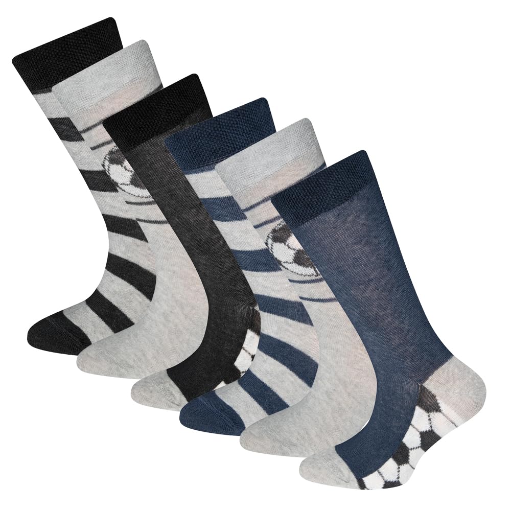 EWERS 6er-Pack Kindersocken Fussball - 6 Paar Socken für Jungen mit Fussball-Motiven, MADE IN EUROPE, Blau/Grau/Schwarz, Größe 39-42