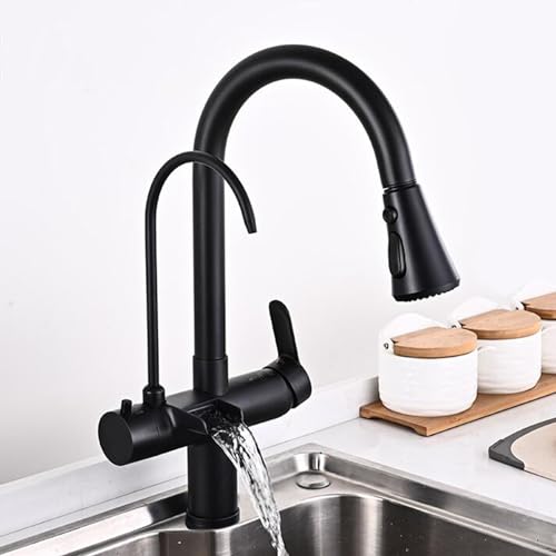3 Wege Küchenarmatur Ausziehbar, Wasserhahn Küche Schwarz Messing Mehrfachfunktionen 3 Wege Mischbatterie Küche Ausziehbar-Schwarz